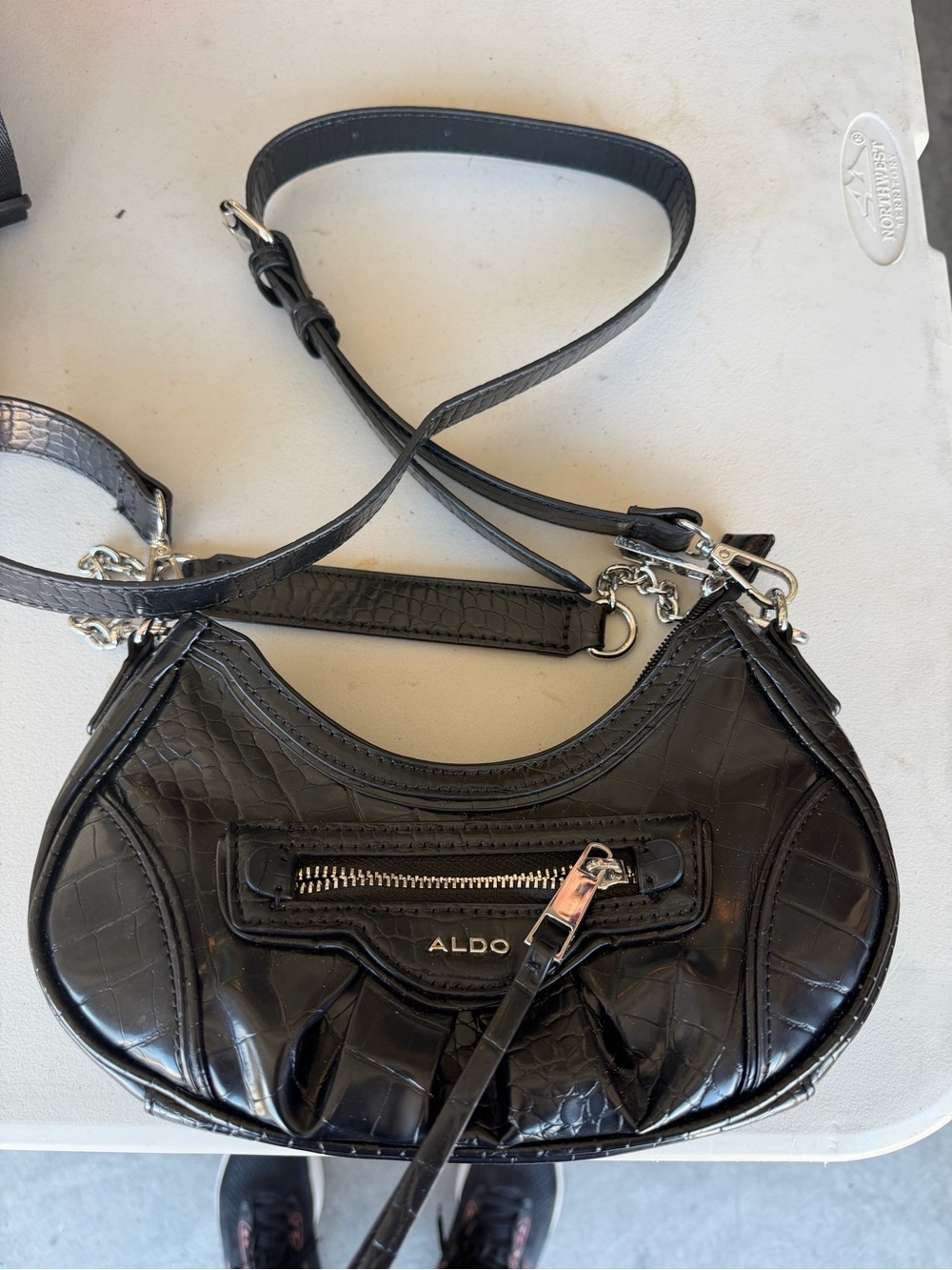 ALDO Black Croc-Embossed Shoulder Bag with Silver Hardware